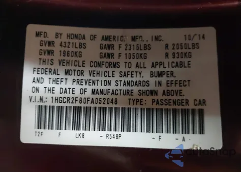 2015 Honda Accord Ex-L z USA, uszkodzony, nr VIN 1HGCR2F80FA052048